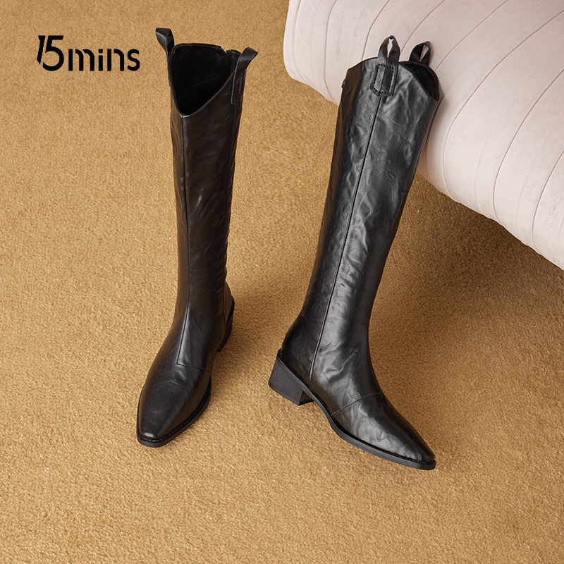 15mins粗跟长靴复古骑士靴