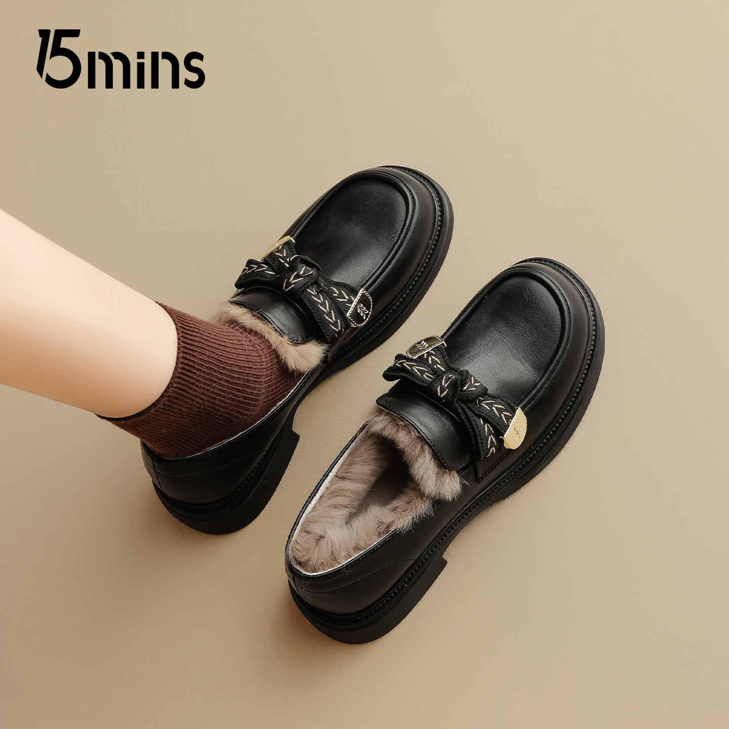 15mins加绒乐福鞋女款2025新款