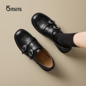 15mins英伦风复古雕花小皮鞋 百搭单鞋 女2026新款 黑色双扣带乐福鞋