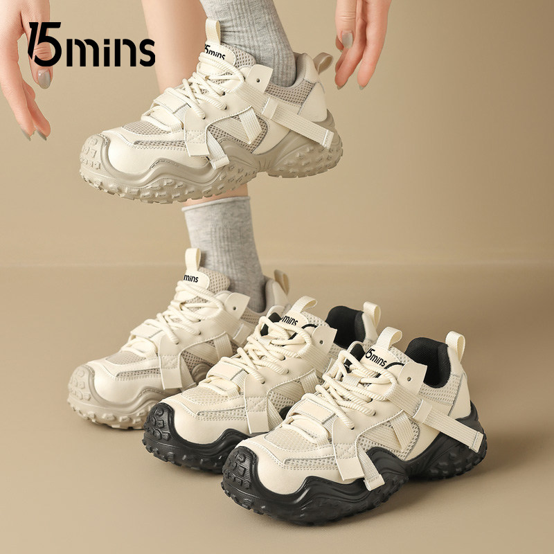 15mins厚底老爹鞋女款2026夏季新款网面透气户外休闲鞋运动登山鞋