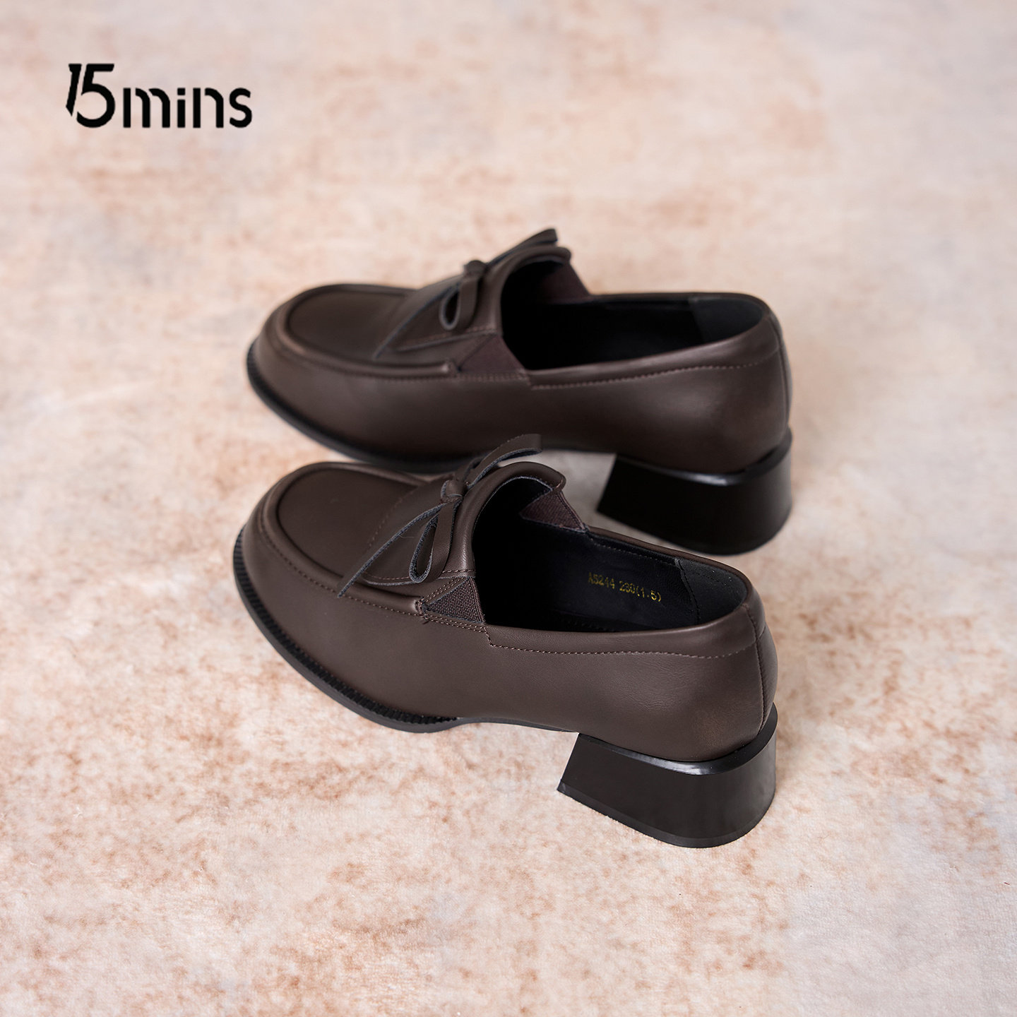15mins一脚蹬粗跟深口单鞋女2026新款春季蝴蝶结棕色乐福鞋小皮鞋,女鞋,深口单鞋,淘宝优惠券,粉丝福利购,淘宝优惠卷