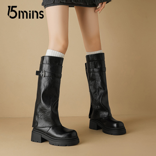 15mins复古加绒裤管靴女2026春季新款英伦风长筒马丁靴保暖时装靴