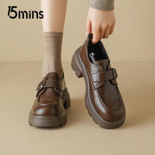 复古英伦风小个子增高小皮鞋 新款 女2026春季 15mins棕色厚底乐福鞋