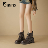 15mins厚底马丁靴女2025新款 秋冬复古百搭加绒机车短靴增高小皮鞋
