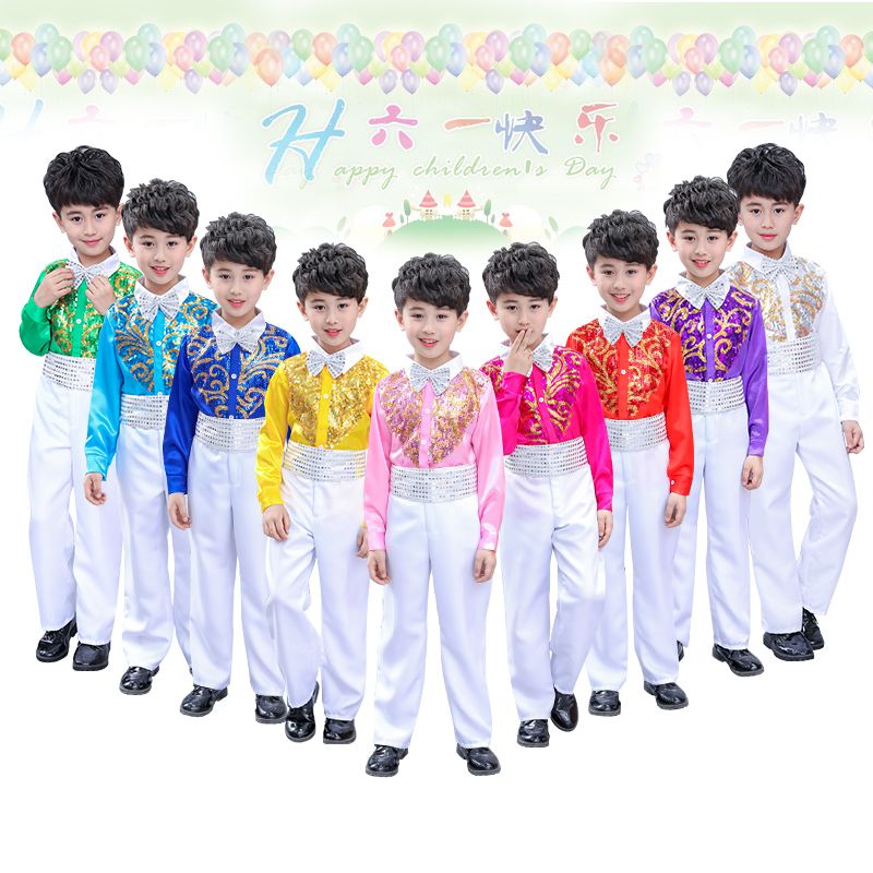 六一儿童大合唱演出服男童幼儿园中小学生亮片背带裤朗诵表演服装