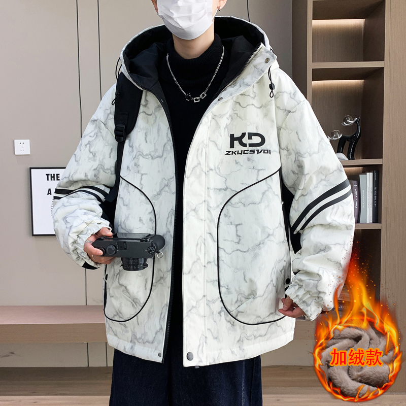 冬季加绒连帽外套青少年初高中学生帅气宽松羽绒服男生加厚冲锋衣