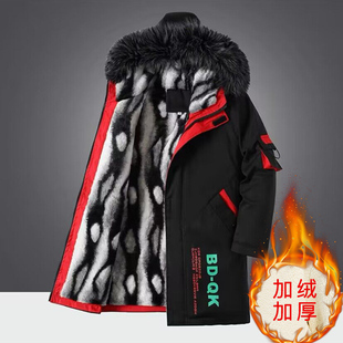 青少年加绒外套男冬季潮流中长款加厚羽绒服初高中学生帅气派克服