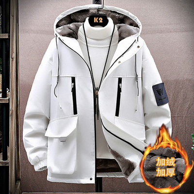 青少年冬款加绒外套冲锋衣男孩初中生学生加厚羽绒服大童冬装上衣