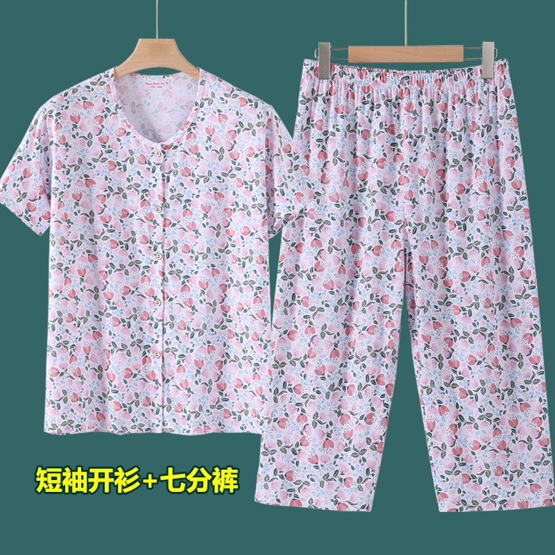 老太太夏季前开扣短袖七分裤套装图片