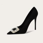 女细跟设计感小众不累脚舒适水钻方扣职业单鞋 法式 轻奢黑色高跟鞋