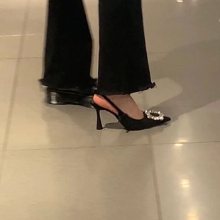 水钻方扣细跟小众配裙子单鞋 后绊带黑色尖头高跟鞋 法式 2025年夏款