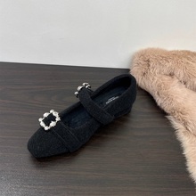 法式小香风水钻内增高加绒玛丽珍鞋女秋冬厚底毛毛鞋豆豆鞋棉单鞋