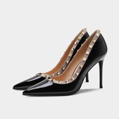 百搭细跟尖头性感铆钉女鞋 2025网红小众气质黑色漆皮高跟单鞋 时尚