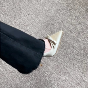 杏色蝴蝶結絕美高跟鞋 氣質(zhì)單鞋 新娘婚鞋 女 女春秋細跟緞面水鉆法式