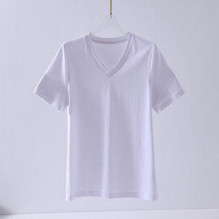 休闲百搭体恤 夏季 高级感桑蚕丝铜氨棉凉感宽松V领白色短袖 T恤女式