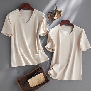 Gaopzhi桑蚕丝铜氨棉凉感宽松V领白色短袖 休闲百搭体恤 T恤女夏季