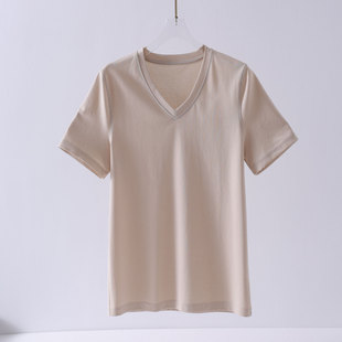Gaopzhi桑蚕丝铜氨棉凉感宽松V领杏色短袖 休闲百搭体恤 T恤女夏季