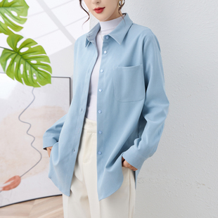 高端加厚灯芯绒磨毛蓝色衬衫外套女免烫抗皱秋冬咖色宽松长袖衬衣