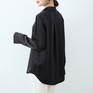 抗皱免烫醋酸缎面暗纹黑色衬衫 衬衣 女春秋叠穿宽松慵懒风垂感大码