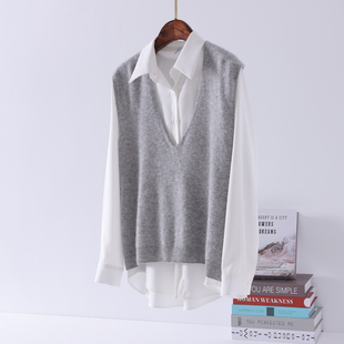 高端羊绒针织V领马甲背心女灰色秋冬坎肩羊毛衫叠穿无缝一体毛衣