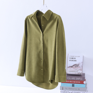 设计感打底衬衣 叠穿长袖 抗皱牛油果绿灯芯绒磨毛衬衫 女加厚秋冬季