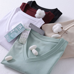 高级感桑蚕丝铜氨棉凉感宽松V领白色短袖 休闲百搭体恤 T恤女夏季