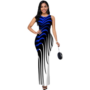 时尚 印花圆领无袖 女装 显瘦数码 侧开叉连衣裙 修身 2026欧美风夏季