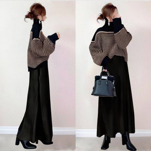 秋冬女装外贸日系2024新款高领条纹针织上衣+半裙 两件套