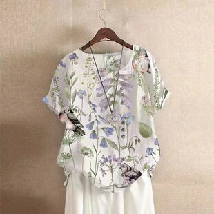 2024亚马逊wish速卖通新款大码女装印花复古棉麻短袖T恤女