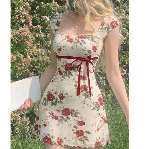 女夏季法式浪漫优雅印花短袖蝴蝶结方领A摆短款连衣裙women dress