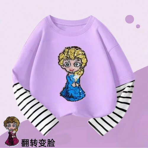 爱莎公主变色2026春秋新款纯棉儿童宽松休闲长袖T恤假两件打底衫