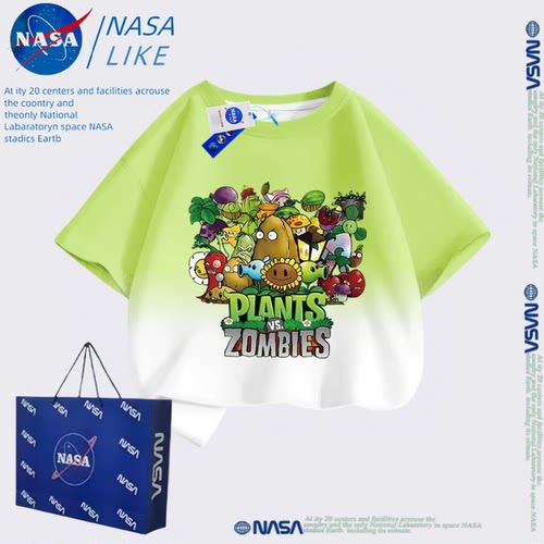 NASA植物大战僵尸儿童短袖T恤时尚纯棉渐变上衣夏季中大童衣服