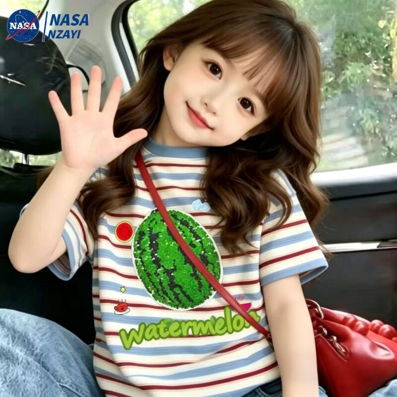 西瓜翻转变色亮片童装女童短袖t恤条纹女孩衣服儿童上衣女宝宝短t