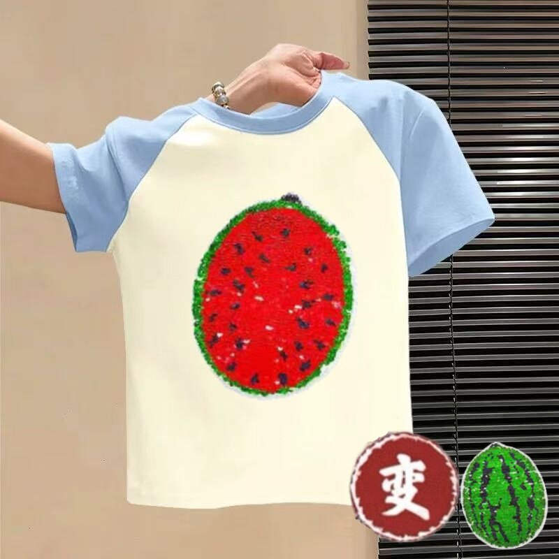 西瓜变色翻转亮片男女童纯棉短袖t恤夏季儿童可爱夏装半袖上衣服
