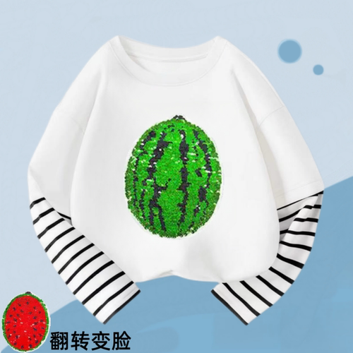 变色西瓜亮片男童长袖t恤纯棉打底衫儿童简约百搭上衣服秋季童装