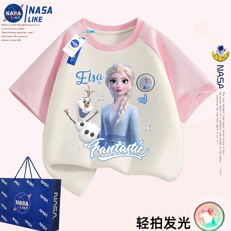NASA艾莎公主爱莎发光蝴蝶纯棉短袖t恤2026新款夏季儿童上衣体恤图片