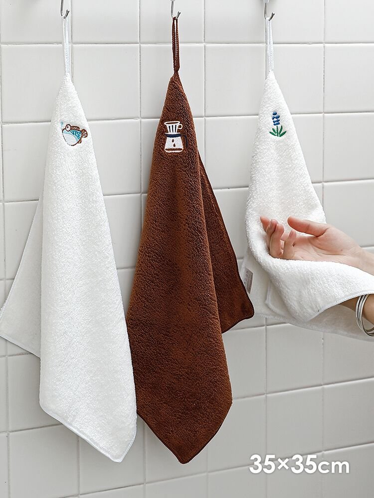 日本擦手巾3条装珊瑚绒吸水不掉毛加厚抹布挂式可爱小方巾洗脸巾