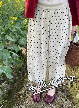 波点棉麻阔腿裤女小个子夏季
