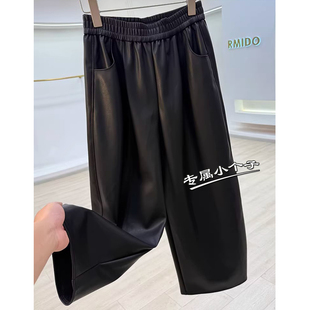 黑色150九分小个子仿小羊皮直筒裤女秋冬宽松阔腿弯刀休闲pu皮裤8