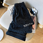 150九分小个子加绒毛呢豹纹阔腿裤 直筒裤 女秋冬新款 慵懒高腰窄版