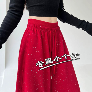 红色150九分小个子休闲阔腿裤女秋冬新款亮闪闪满天星直筒运动裤9