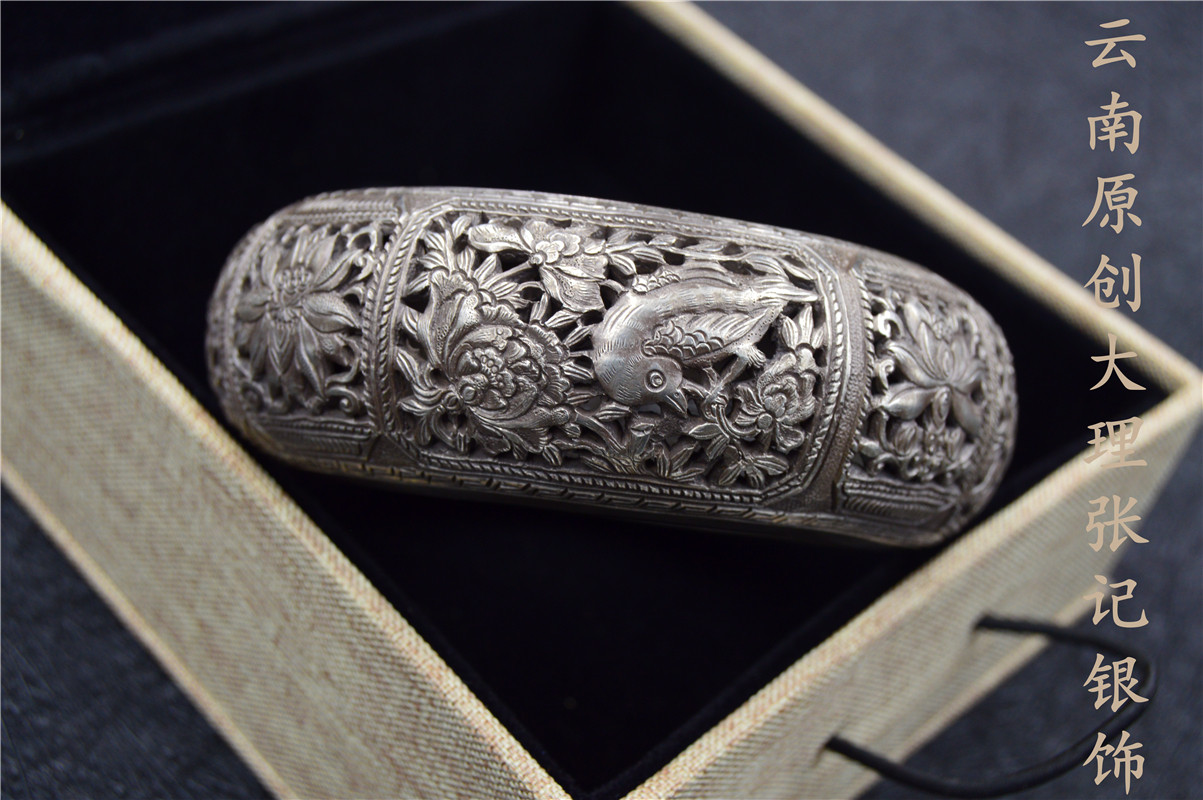 原创设计民族复古风镂空百灵画眉喜鹊鹭鸶鸟语花香烧蓝足银手镯女