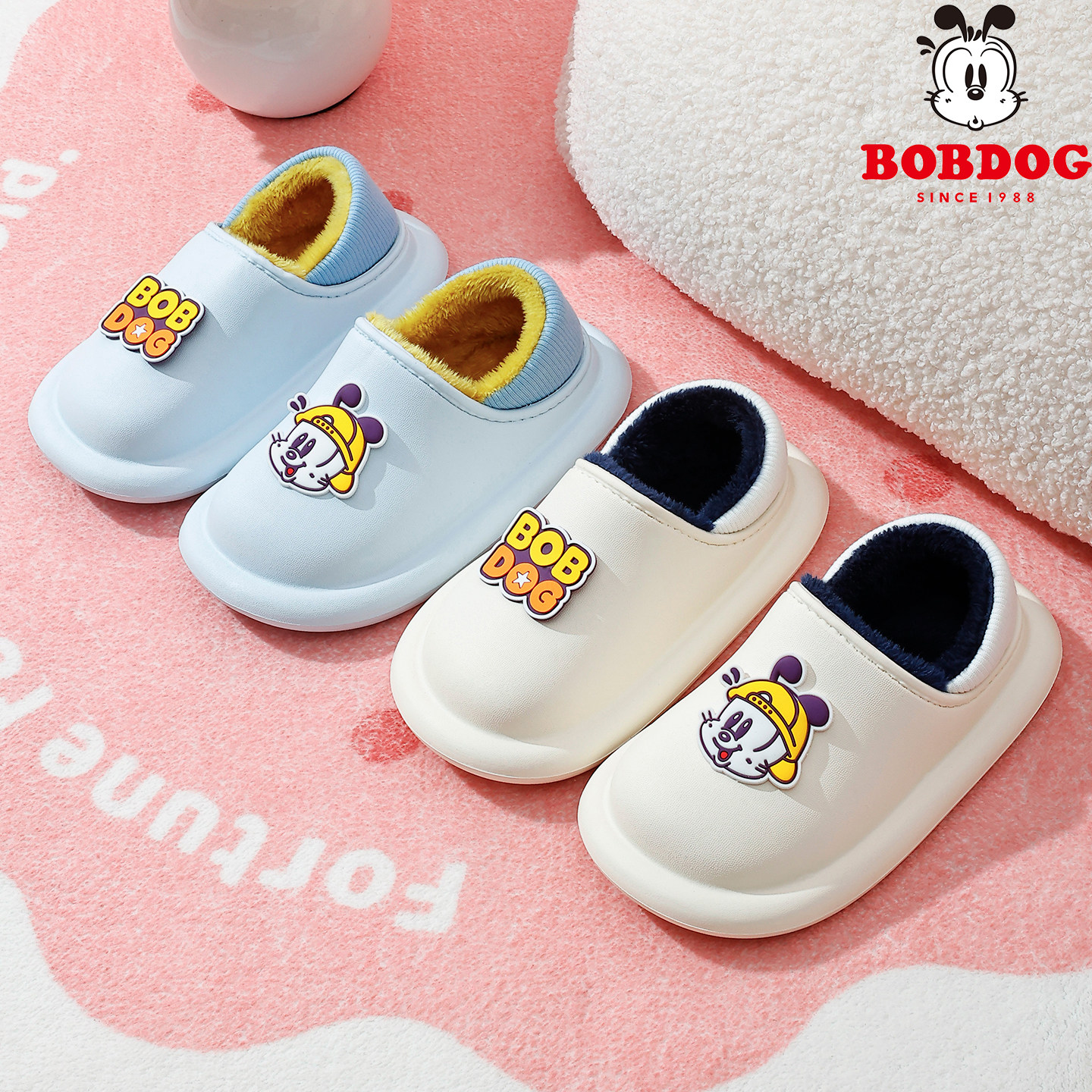 巴布豆儿童棉鞋男童冬季家居新款小童防水保暖室内女孩毛绒棉拖鞋