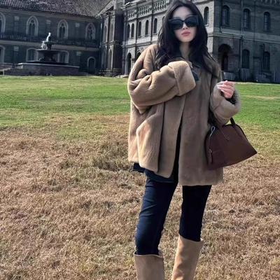 挽袖圆领貂皮大衣女仿水貂通勤
