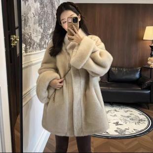 皮毛一体环保毛毛外套女 中长款 2024新款 中古双色仿水貂绒立领挽袖