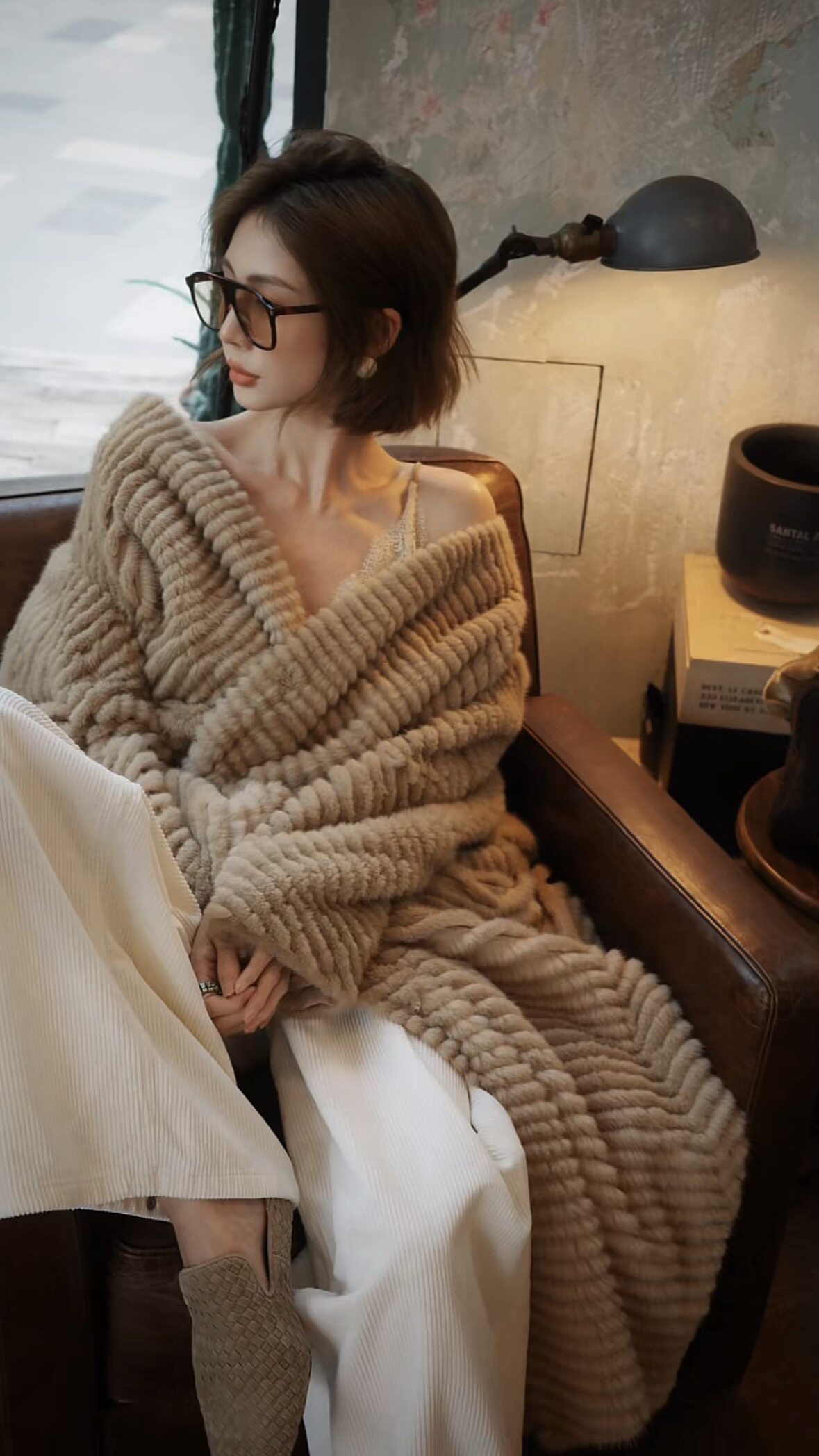 仿貂毛人字纹环保皮草大衣女冬
