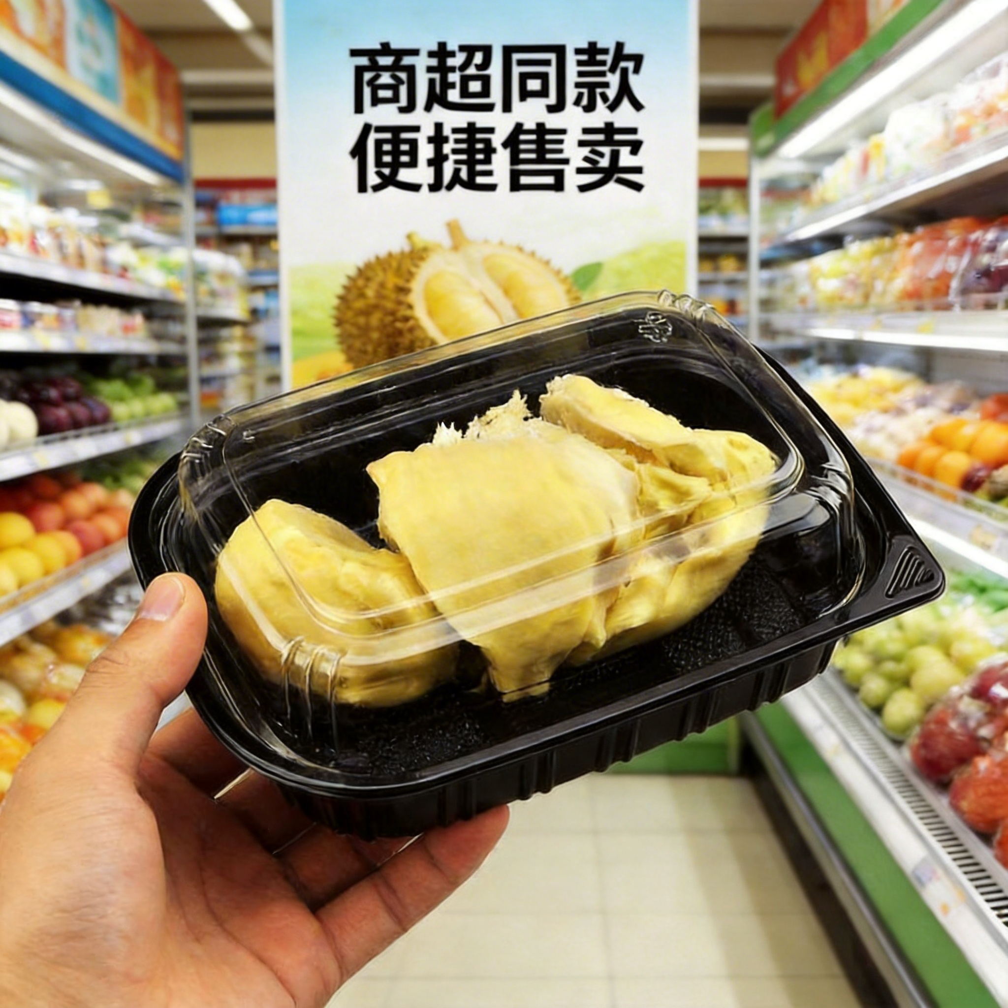 一次性榴莲打包盒黑底透明盖加厚密封带盖包装盒榴莲肉水果保鲜盒