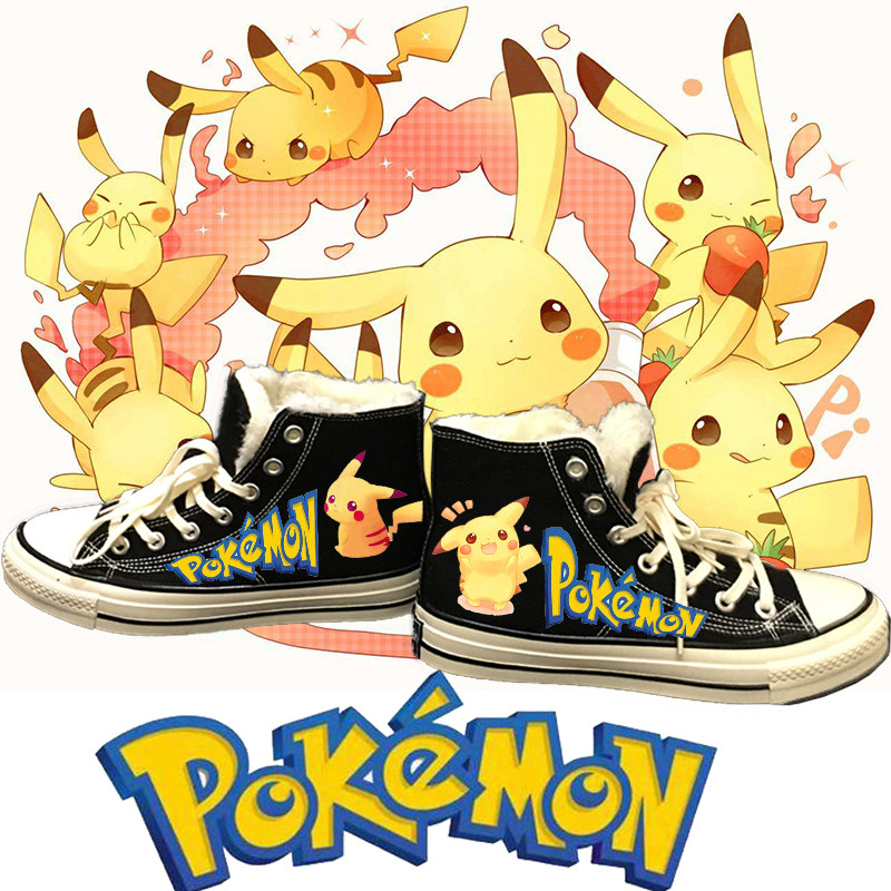 精灵宝可梦aj皮卡丘联名款鞋子冬季加绒高帮帆布鞋学生女男冬天鞋