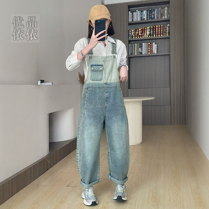 韩系撞色减龄宽松显瘦牛仔背带裤女2026春季新款阔腿大码连体裤子