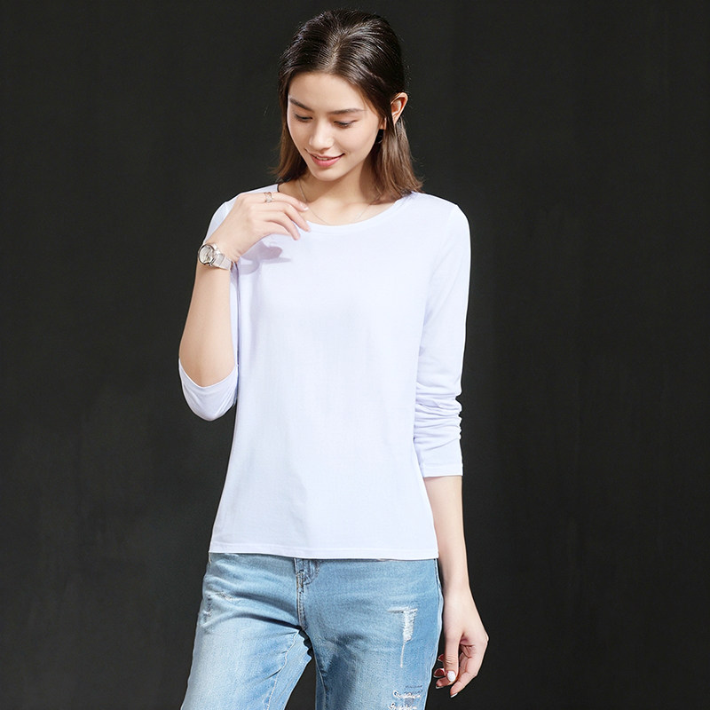 白色纯棉长袖t恤女2026春季修身休闲圆领打底衫外穿上衣内搭显瘦